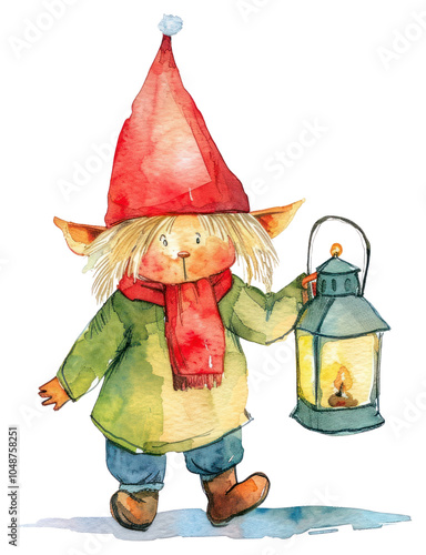 PNG A Christmas knome carry a lantern art illustration watercolor. photo