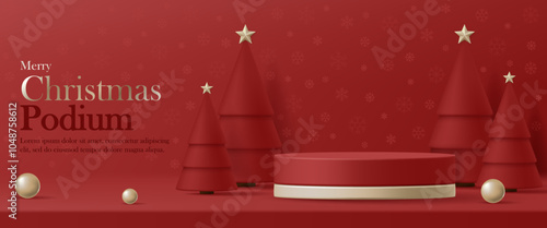 3D Vector Merry Christmas product display cylinder stand podium banner. Happy New Year Xmas tree, gold star on red background. Luxury modern minimal decoration party, discount promotion sale, social 
