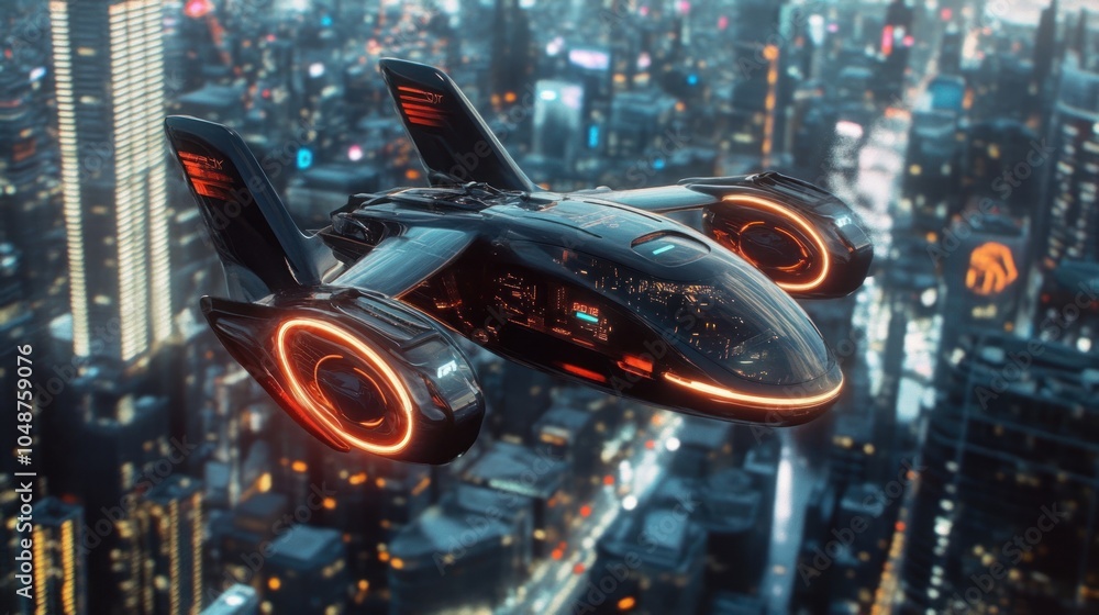 Futuristic Cityscape with Flying Vehicle Futuristic Cityscape with Flying Vehicle