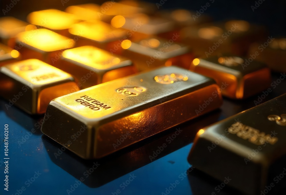 Rows of gleaming gold bars arranged diagonally with visible 999 markings, photographed in dramatic lighting that creates rich golden reflections against a dark background Rows of gleaming gold bars arranged diagonally with visible 999 markings, photographed in dramatic lighting that creates rich golden reflections against a dark background
