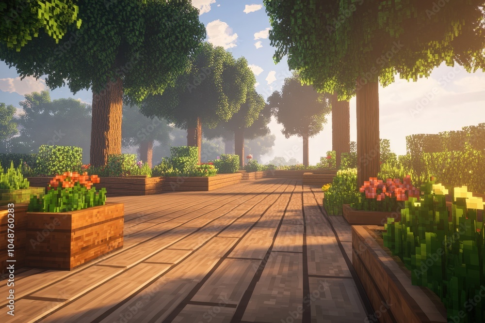 Obraz premium Serene wooden walkway through lush green forest landscape