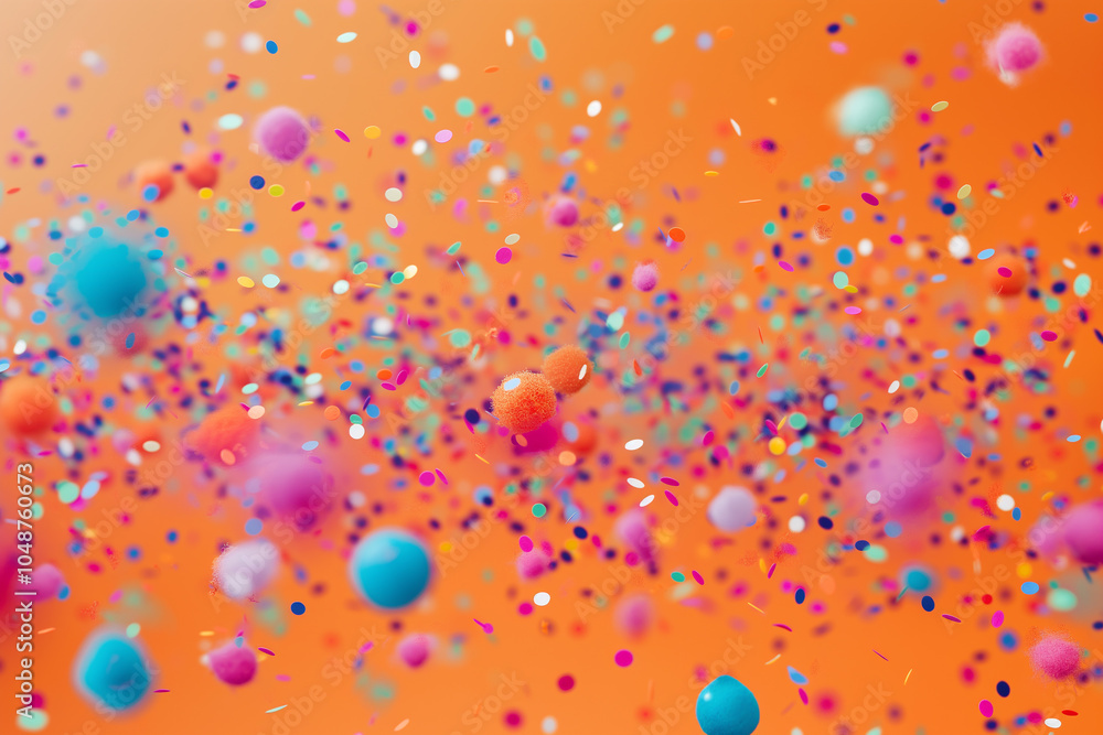 Abstract festive orange wallpaper with falling confetti. Background, illustration. Celebration, party, holiday. Abstract festive orange wallpaper with falling confetti. Background, illustration. Celebration, party, holiday.