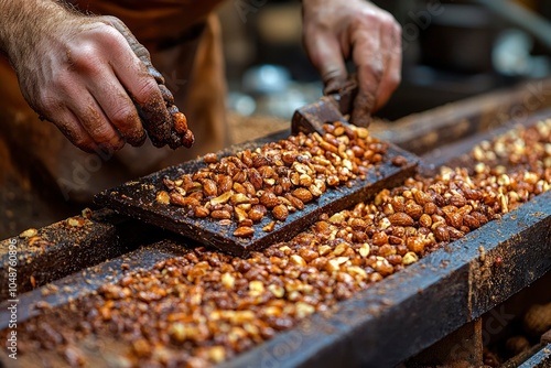 Hands Adding Roasted Nuts to a Conveyor Belt in a Food Processing Plant photo