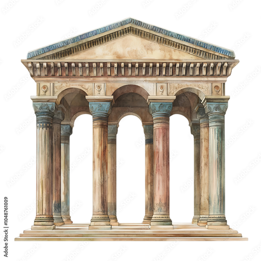 A watercolor illustration of an ancient Greek temple with six columns. A watercolor illustration of an ancient Greek temple with six columns.