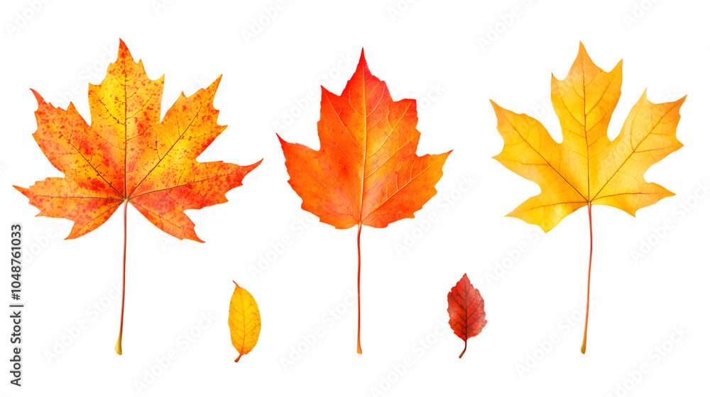 Fototapeta premium Collection set of five different orange and yellow colorful leaves in autumn, panoramic transparent background, fall season, png file, isolated on white background