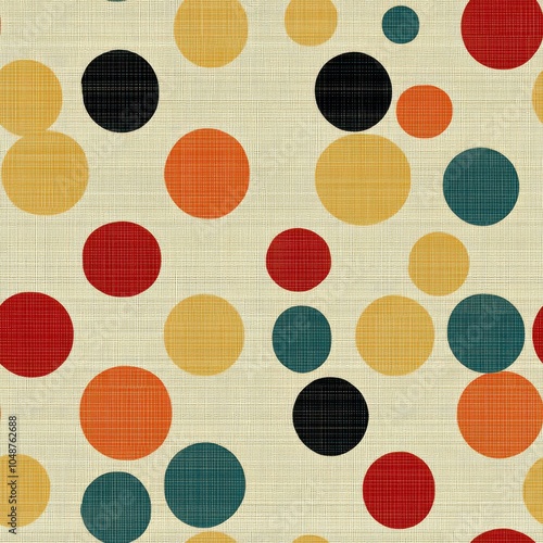 Vintage Mid-Century Modern Eames dot pattern on vintage beige fabric background, seamless repeating pattern, textile print style, minimal, Mid-Century design, seamless Eames dot pattern