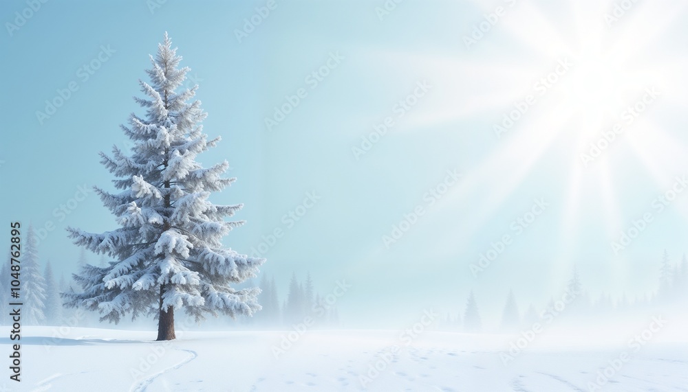 Fototapeta premium Lone snowy tree in winter landscape under bright sunlight