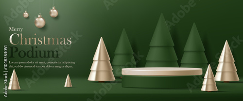 3D Vector Merry Christmas product display cylinder stand podium banner. Happy New Year with gold christmas tree, green background. Luxury modern style, Xmas decoration party, discount promotion sale