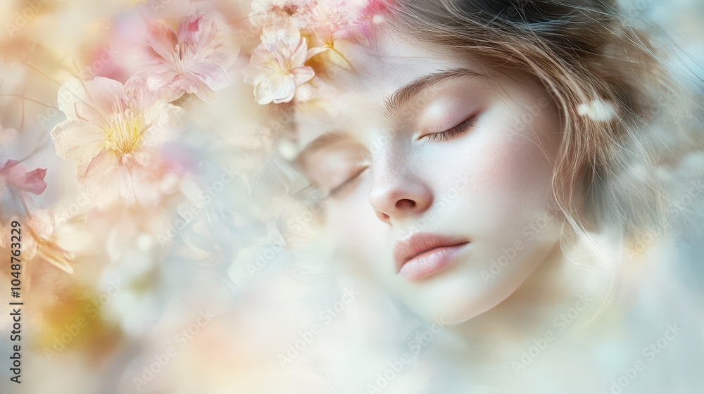 Peaceful young girl surrounded by delicate pink flowers Peaceful young girl surrounded by delicate pink flowers