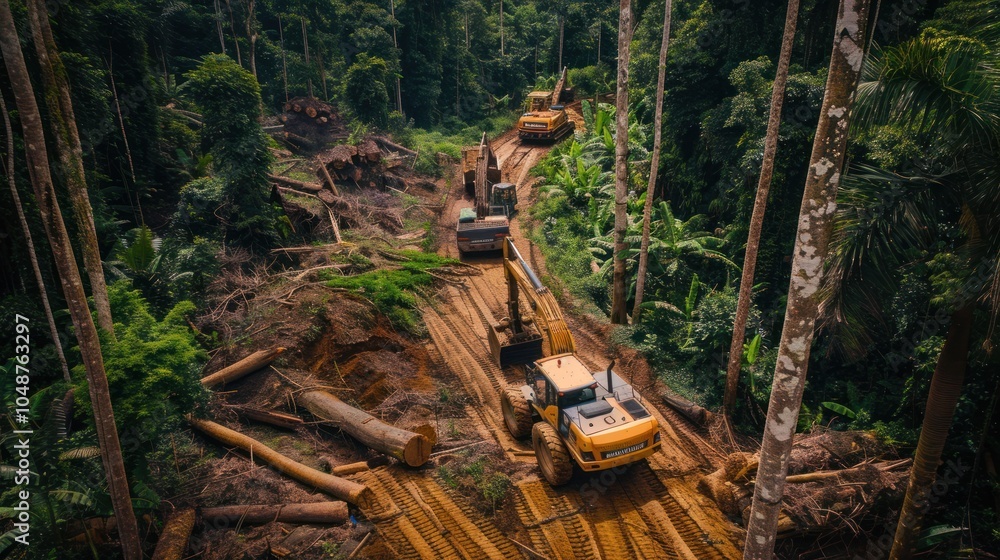 Logging Equipment on a Dirt Road in a Lush Rainforest Logging Equipment on a Dirt Road in a Lush Rainforest