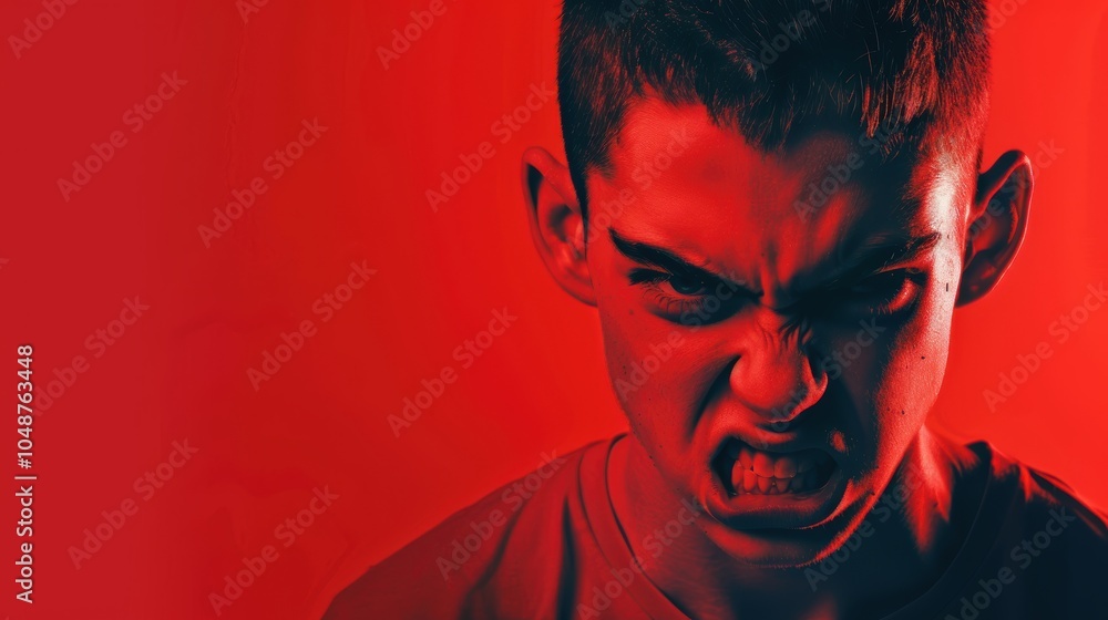 Fototapeta premium Frustrated Young Man Against Bold Red Background - Expression of Annoyance and Emotion