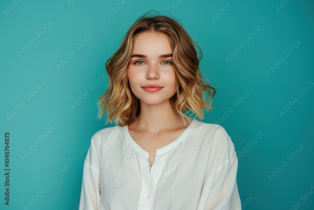 Confident Young Woman with Wavy Blonde Hair Posing Against Bold Teal Background for Portrait Design Confident Young Woman with Wavy Blonde Hair Posing Against Bold Teal Background for Portrait Design