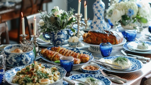 Festive Hanukkah Dinner Table with Traditional Foods and Elegant Silver Menorah Centerpiece photo