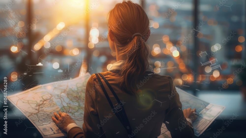 Businesswoman Navigating a Maze of Strategic Decisions in a Photorealistic Setting Businesswoman Navigating a Maze of Strategic Decisions in a Photorealistic Setting