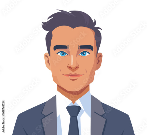A professional cartoon illustration of a businessman with blue eyes, wearing a formal suit and tie. This character represents confidence, professionalism, and corporate style.