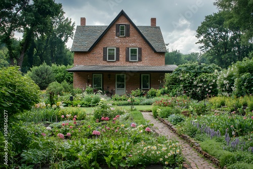 Charming red brick house with a lush garden on a cloudy day