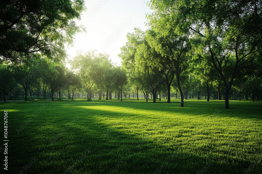 Lush green park with trees and sunlight Lush green park with trees and sunlight