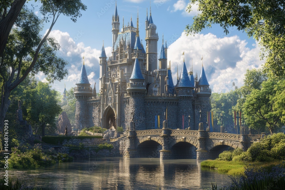 Majestic castle surrounded by lush greenery and a serene lake Majestic castle surrounded by lush greenery and a serene lake