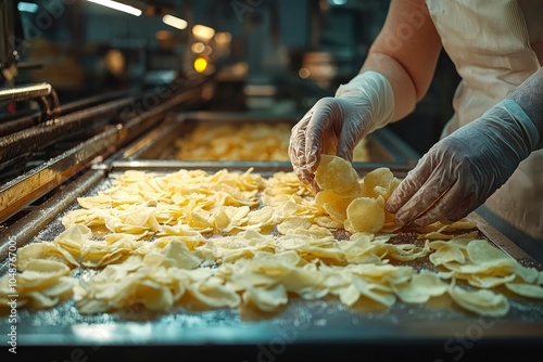 Close-up of Hands in Gloves Inspecting Potato Chips on a Conveyor Belt photo