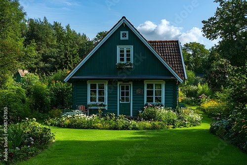 Charming green cottage surrounded by vibrant flowers and lush greenery