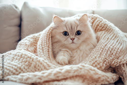 Gatto bianco adorabile avvolto in una coperta morbida photo