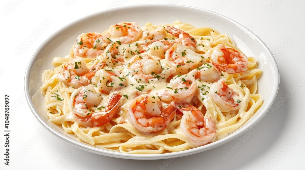 A beautifully plated dish of Fettuccine Alfredo with shrimp, the creamy sauce glistening under natural light, served on a plain white plate. A beautifully plated dish of Fettuccine Alfredo with shrimp, the creamy sauce glistening under natural light, served on a plain white plate.