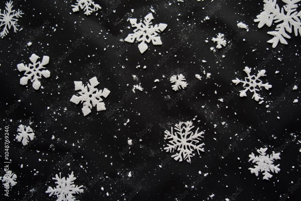 Close-up of delicate snowflakes showcasing intricate patterns on a solid black background. Close-up of delicate snowflakes showcasing intricate patterns on a solid black background.