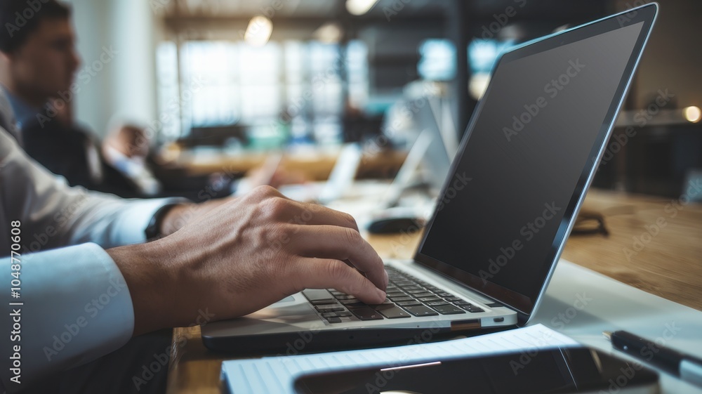 Close-Up of a Man's Hand Typing on a Laptop with a White Blank Screen in a Modern Office Close-Up of a Man's Hand Typing on a Laptop with a White Blank Screen in a Modern Office