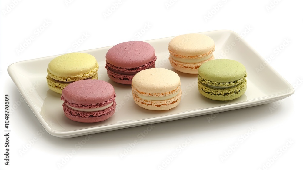 Obraz premium A neatly arranged plate of assorted macarons in pastel colors, featuring flavors like vanilla, pistachio, and raspberry.
