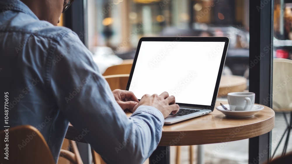 Man Working on Laptop in Cafe from Behind - Close-Up Views of Hands Typing and Interacting with a Blank Screen in Cozy Coffee Shop Setting with Modern Urban Background Man Working on Laptop in Cafe from Behind - Close-Up Views of Hands Typing and Interacting with a Blank Screen in Cozy Coffee Shop Setting with Modern Urban Background