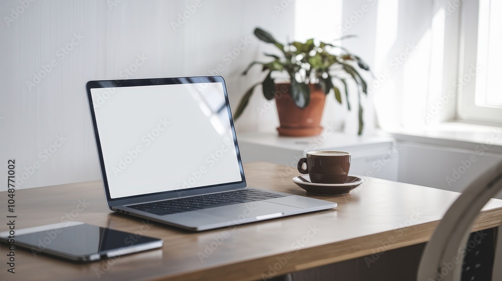 Modern Workspace with Laptop and Plants - Minimalist Setup with Blank Screen Laptop on Wooden Desk in Bright Room with Natural Light and Indoor Plants Modern Workspace with Laptop and Plants - Minimalist Setup with Blank Screen Laptop on Wooden Desk in Bright Room with Natural Light and Indoor Plants