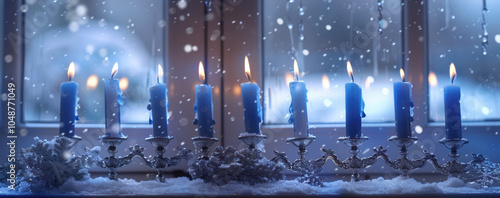 Winter Holiday Menorah with Blue Candles Illuminating Frosted Window for Hanukkah Decor photo