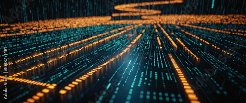 An abstract digital background with binary code and AI algorithms running in the background