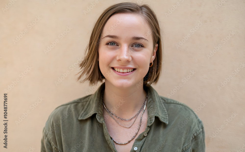 Fototapeta premium young woman with short hair, wearing a green shirt and a necklace.