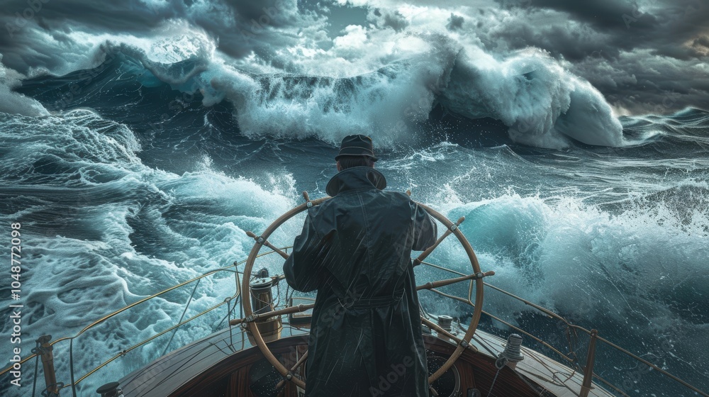 Businessman Navigating Stormy Seas: Overcoming Business Challenges with Determination Businessman Navigating Stormy Seas: Overcoming Business Challenges with Determination