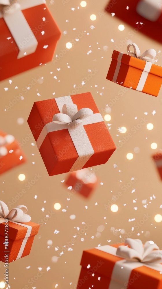 Obraz premium Festive 3D Holiday Gift Showcase with Floating Presents Soft Snow Effects and Twinkling Lights for W