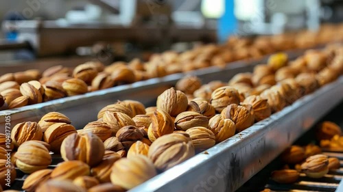 Walnuts on conveyor belts moving through a factory processing line, 4k video