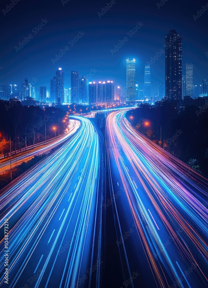 Obraz premium A long exposure shot of a highway with cars speeding through the city at night, creating streaks of light.