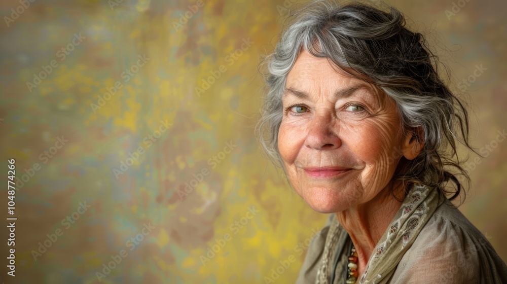 Senior Woman's Gentle Smile on Pastel Yellow Background for Portraiture and Design Senior Woman's Gentle Smile on Pastel Yellow Background for Portraiture and Design