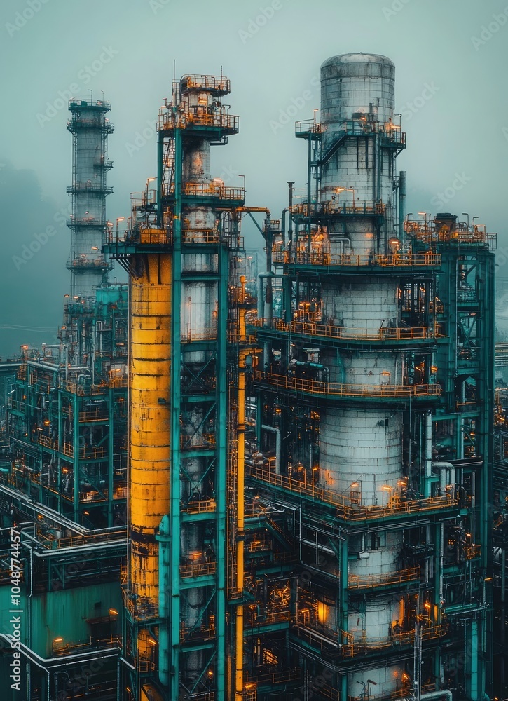 A large industrial complex with tall towers, pipes, and machinery against a hazy sky. A large industrial complex with tall towers, pipes, and machinery against a hazy sky.