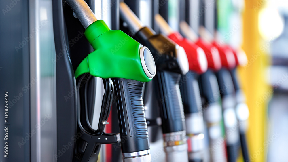 Row of Fuel Dispenser Nozzles with Various Colors in a Gas Station Row of Fuel Dispenser Nozzles with Various Colors in a Gas Station