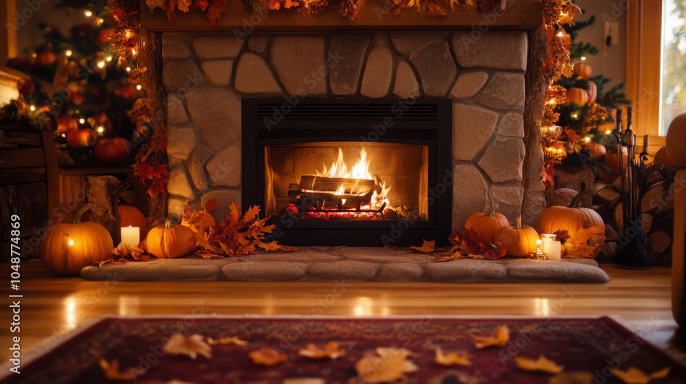 A cozy autumn fireplace adorned with pumpkins and colorful leaves. A cozy autumn fireplace adorned with pumpkins and colorful leaves.