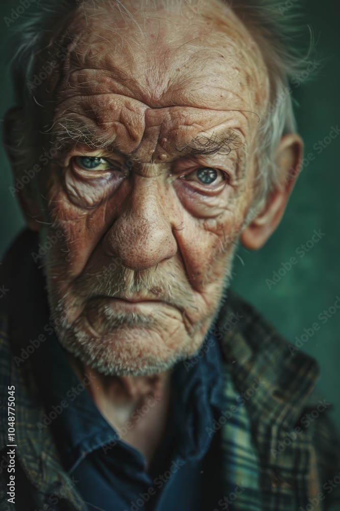 Contemplative Elderly Man Portrait with Deep Expression on Green Background Contemplative Elderly Man Portrait with Deep Expression on Green Background