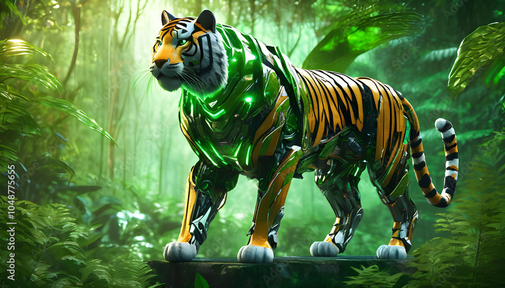 Naklejka premium A tiger robot standing in an artificial forest, with green light from leaves reflecting on the robot's metal surface.