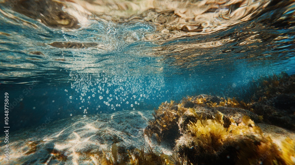 Underwater view of a vibrant coral reef with bubbles and sunlight filtering through the water Underwater view of a vibrant coral reef with bubbles and sunlight filtering through the water