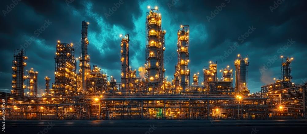 Fototapeta premium Illuminated industrial complex at night with a dark sky.