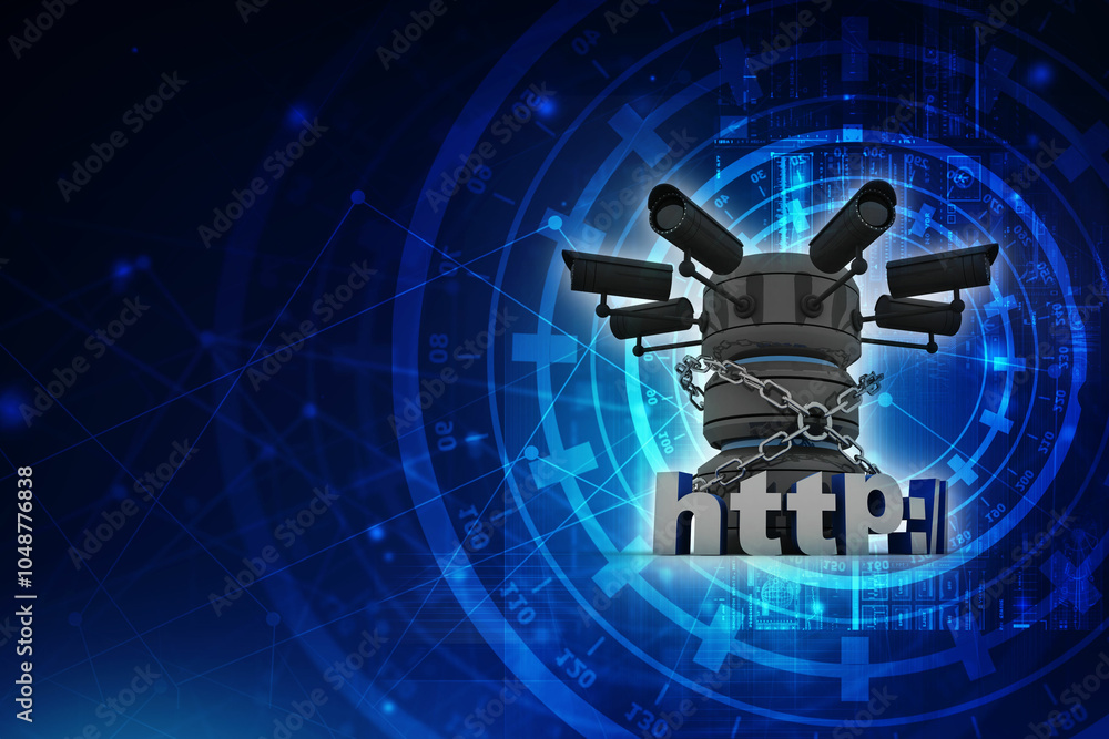 Fototapeta premium 3d rendering https WWW sign with database under cctv camera 