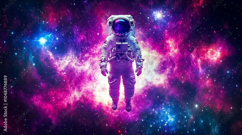 An astronaut floats in space, surrounded by a vibrant nebula. An astronaut floats in space, surrounded by a vibrant nebula.