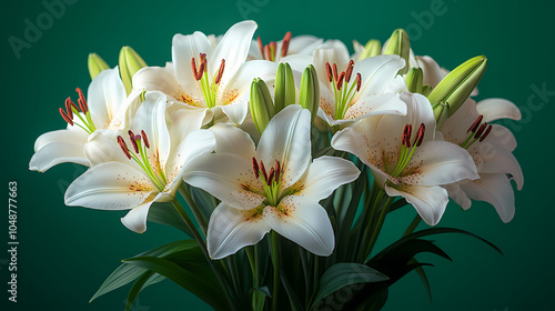 .A graceful bouquet of fresh lilies in soft white and pink tones, with long, elegant stems and lush green leaves.