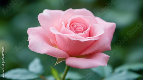 A blooming pink rose with soft petals, surrounded by a natural green background.